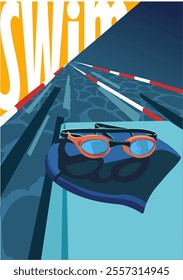 Pool cap with goggles on the stand. Vector illustration. Suitable for a postcard or a poster.