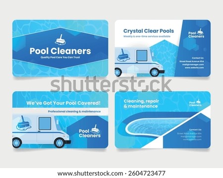 Pool cleaning business cards showcase services that ensure crystal clear pools, offering regular maintenance or one-time cleaning.