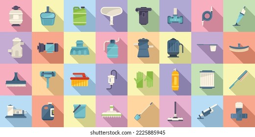 Pool Cleaning Icons Set Flat Vector. Brush Backet. Swimming Care