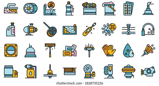 Pool Cleaning Icons Set. Outline Set Of Pool Cleaning Vector Icons Thin Line Color Flat On White