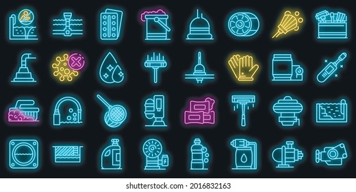 Pool Cleaning Icons Set. Outline Set Of Pool Cleaning Vector Icons Neon Color On Black