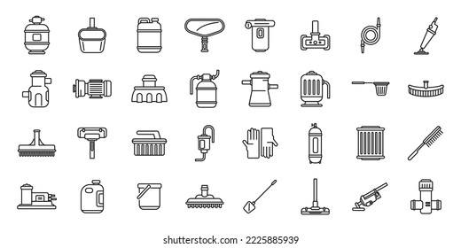 Pool Cleaning Icons Set Outline Vector. Brush Backet. Swimming Care