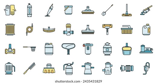 Pool cleaning icons set outline vector. Brush backet. Swimming care color line isolated