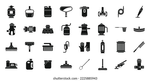 Pool Cleaning Icons Set Simple Vector. Brush Backet. Swimming Care