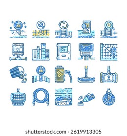 Pool Cleaning Service Collection doodle icons set vector. Pool Cleaning Electronic Robot With Vacuum Brush Cleaner Equipment, Ozonator Filtration sketch hand drawn