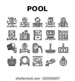 Pool Cleaning Service Collection Icons Set Vector. Pool Cleaning Electronic Robot With Vacuum Brush And Cleaner Equipment, Ozonator And Filtration Black Contour Illustrations