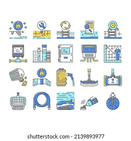 Pool Cleaning Service Collection Icons Set Vector. Pool Cleaning Electronic Robot With Vacuum Brush And Cleaner Equipment, Ozonator And Filtration Line Pictograms. Contour Color Illustrations