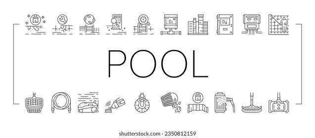 Iconos Set Vector de colección de Iconos de servicio de limpieza de grupos. Robot Electrónico De Limpieza De Piscinas Con Cepillo De Vacío Y Equipo Limpiador, Ilustraciones De Contorno Negro De Ozonador Y Filtración