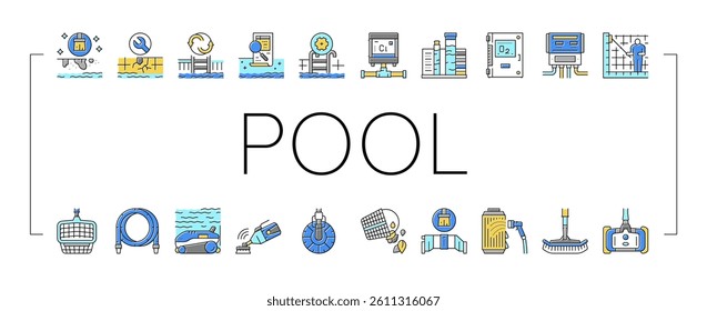 Pool Cleaning Service Collection Icons Set Vector. Pool Cleaning Electronic Robot With Vacuum Brush And Cleaner Equipment, Ozonator And Filtration Line Pictograms. Contour Color Illustrations