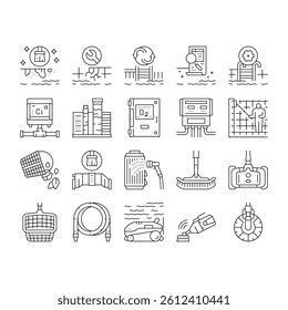 Pool Cleaning Service Collection Icons Set Vector. Pool Cleaning Electronic Robot With Vacuum Brush And Cleaner Equipment, Ozonator And Filtration Black Contour Illustrations