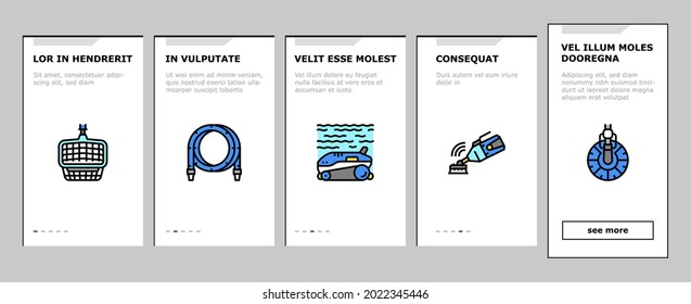 Pool Cleaning Service Onboarding Mobile App Page Screen Vector. Pool Cleaning Electronic Robot With Vacuum Brush And Cleaner Equipment, Ozonator And Filtration Illustrations
