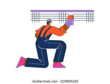 Trabajador de limpieza de piscinas limpia las baldosas de la piscina con esponja. Limpieza y desinfección del depósito de piscina, ilustración del vector de dibujos animados planos aislados en fondo blanco.
