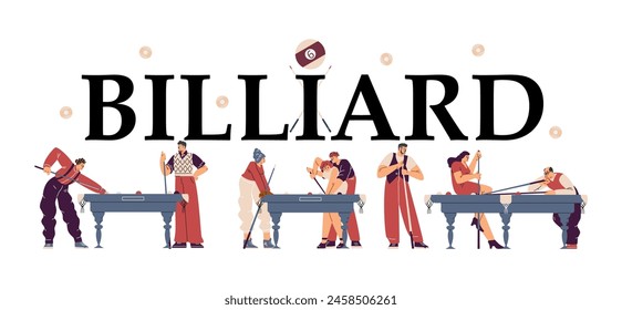 The pool club atmosphere captured in a flat style cartoon vector banner featuring a set of characters playing at pool tables is ideal for sports club or casino promotions.