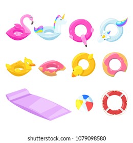 Pool cute kids inflatable floats, vector isolated design elements. Unicorn, flamingo, duck, ball, donut icons