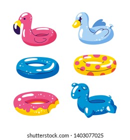 Pool cute kids inflatable floats, vector isolated design elements. Unicorn, flamingo, swan ball, donut icons isolated on white background.