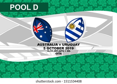 Pool D, Australia vs Uruguay, Rugby match 2019, sakura pattern and stadium background Vector illustration.