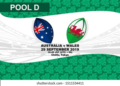 Pool D, Australia vs Wales, Rugby match 2019, sakura pattern and stadium background Vector illustration.