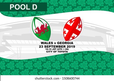 Pool D, Wales vs Georgia, Rugby match 2019, sakura pattern and stadium background Vector illustration.