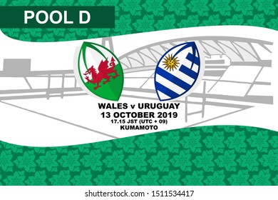 Pool D, Wales vs Uruguay, Rugby match 2019, sakura pattern and stadium background Vector illustration.