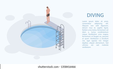 Pool diving board concept banner. Isometric illustration of pool diving board vector concept banner for web design