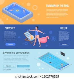 Pool equipment banner set. Isometric set of pool equipment vector banner for web design