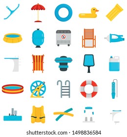 Pool equipment icon set. Flat set of pool equipment vector icons for web design