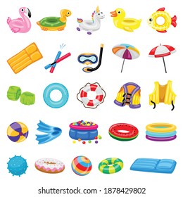 Pool equipment icons set. Cartoon set of pool equipment vector icons for web design