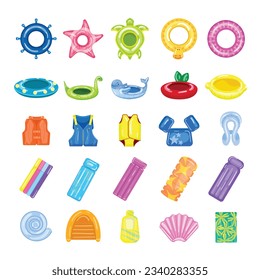 Pool equipment icons set cartoon vector. Snorkle pool. Swimming equipment