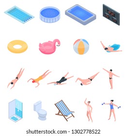 Pool equipment icons set. Isometric set of pool equipment vector icons for web design isolated on white background