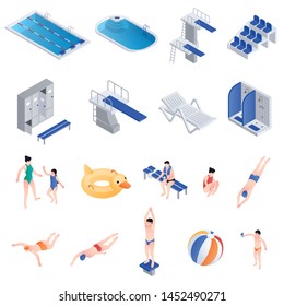 Pool equipment icons set. Isometric set of pool equipment vector icons for web design isolated on white background
