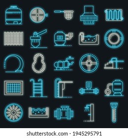 Pool equipment icons set. Outline set of pool equipment vector icons neon color on black