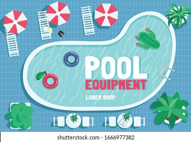 Pool equipment poster flat vector template. Beach accessories shop. Items for summer vacation. Brochure, booklet one page concept design with cartoon characters. Rubber mattresses flyer, leaflet