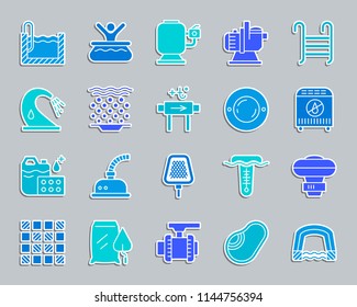 Pool equipment silhouette sticker icons set. Sign kit of construction. Repair pictograms includes tile mosaic, waterproofing net. Simple swimming pool accessories vector icon shape for badge pin patch