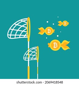 Pool oder Fischnetz mit Bitcoins als Goldfisch. Fang, jagt, jagt Geld Goldfisch. Erreichen Sie Ziele, Investitionserfolg. Online-Kryptowährung, virtuelle elektronische Kommunikation, Internet-Geld