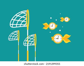 Pool Or Fish Net With Clock As Golden Fish. Catch, Hunt, Chase Time Schedule Goldfish. Achieve Goals, Financial Success, Business Income Concept.  Fast Time Stop Watch, Limited Offer, Deadline Symbol.