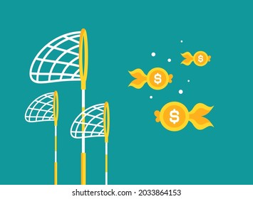 Pool or fish net with dollar coins as golden fish. Catch, hunt, chase money goldfish. Achieve goals, financial success, business income concept.  Vector illustration isolated on blue background. 