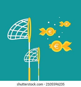 Pool or fish net with euro coins as golden fish. Catch, hunt, chase money goldfish. Achieve goals, financial success, business income concept.  Vector illustration isolated on blue background. 