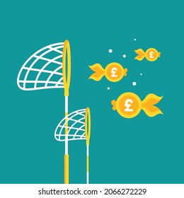 Pool or fish net with pound sterling coins as golden fish. Catch, hunt, chase money goldfish. Achieve goals, financial success, business income concept.  Vector illustration on blue background. 