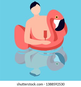 pool  flamingo man swimming in the pool on rubber rings Seamless pattern summer time background vector party