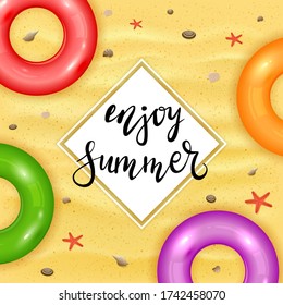 Pool float rings on sandy summer background. Enjoy summer on yellow textured background with colored swim rings, starfish and seashells. Illustration can be used for summer design, posters, banners.