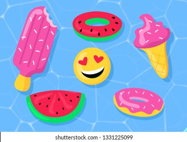 Pool float toys. Rubber ring. Ice cream, watermelon, donut. Isolated. Vector