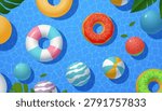 Pool floats summer fun swimming rings beach balls colorful inflatable toys tropical leaves blue water top view template