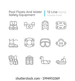 Pool floats and water safety equipment linear icons set. Personal flotation device. Lifesaving equipment. Customizable thin line contour symbols. Isolated vector outline illustrations. Editable stroke