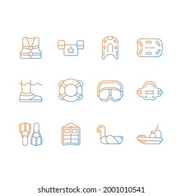 Pool floats and water safety equipment gradient linear vector icons set. Flotation device. Lifesaving equipment. Thin line contour symbols bundle. Isolated vector outline illustrations collection
