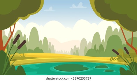 Pool forest. Cartoon background of beautiful pond and trees. vector template