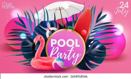 Pool fun flamingo poster. Hawaiian poster banner with pink flamingo and colorful ball. Beach summer party.