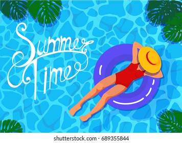 pool girl in the circle,summer ,text,palm leaves,vector illustration