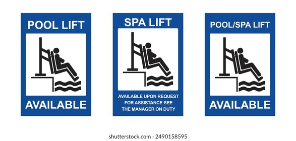 Señal de ascensor para minusválidos o Señal de ascensor de piscina y spa para minusválidos. Iconos planos de información de personas discapacitadas.