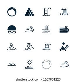 Pool icon. collection of 16 pool filled and outline icons such as swimming hat and glasses, man laying in the sun, waterslide, swimmer. editable pool icons for web and mobile.