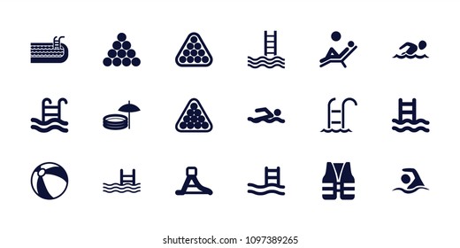 Pool icon. collection of 18 pool filled icons such as beach ball, billiards, waterslide, swimming, man laying in the sun, life vest. editable pool icons for web and mobile.